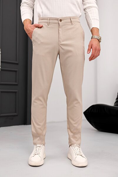 Ser Joven Men's Beige Slim Fit Patterned Dobby Casual Trousers