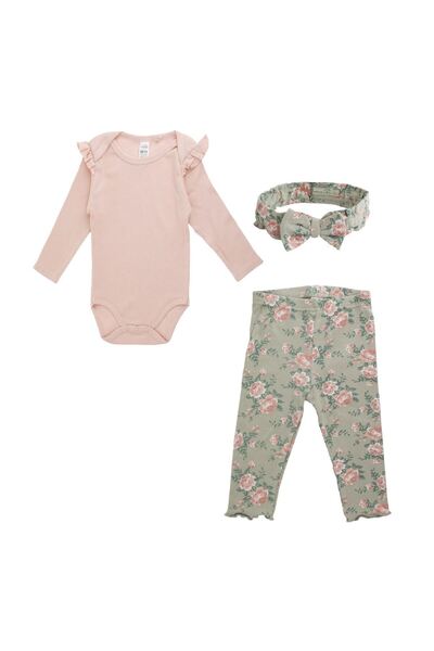 OEM 3 Piece Cotton Set with Bodysuit, Tights & Headband Salmon Olive Green wi...