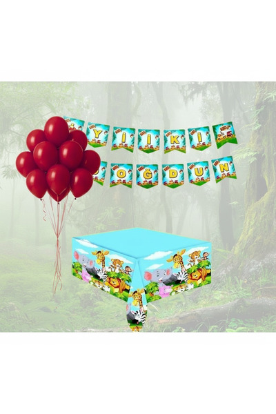 Umamiçe Safari Party Set – 10 Red Balloons + Banner + Tablecloth