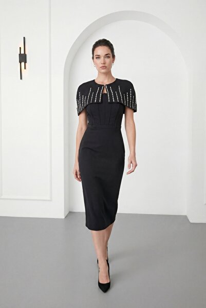 Lafaba Women's Black Slim Fit Jacketed Stoned Midi Promise Engagement Wedding...