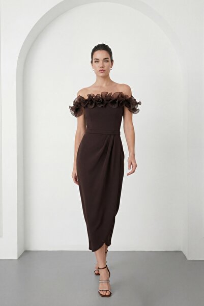 Lafaba Women's Brown Boat Neck Flounce Detail Engagement Wedding Evening Dress