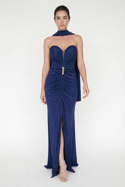 Lafaba Women's Navy Blue Slim Fit Strapless Collar Shawl Detail Slit Long Eve...