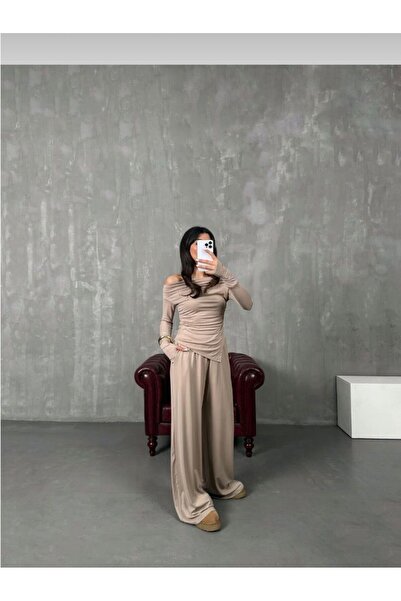 SLAW REZZ Women's Draped Asymmetrical Cut Suit Blouse Trousers Modal Set