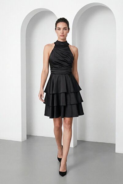 Lafaba Women's Black Halter Neck Satin Mini Homecoming Evening Dress