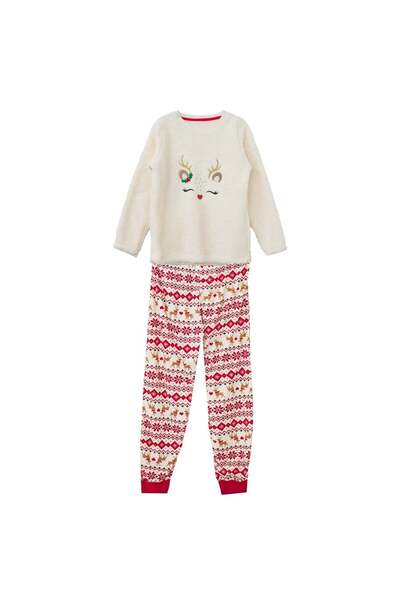 OEM Women's Christmas Pajama Set Fluffy White with Reindeer and Gold Thread L...