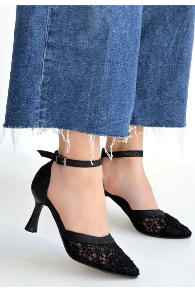 hibiscus Weja Black Skin Tulle Detail Glittery Heeled Shoes