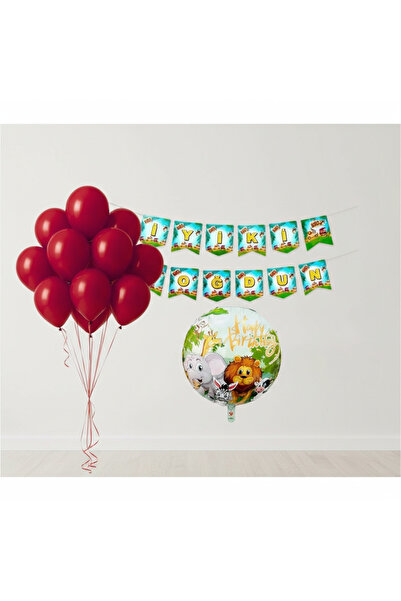 Umamiçe Safari Party Set – 10 Red Balloons + Banner + Foil Balloon