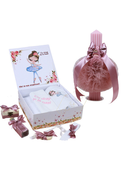 GoVo Kids Trusou botez cu lumanare, Balerina, Roz – Set complet botez, 8 pies...