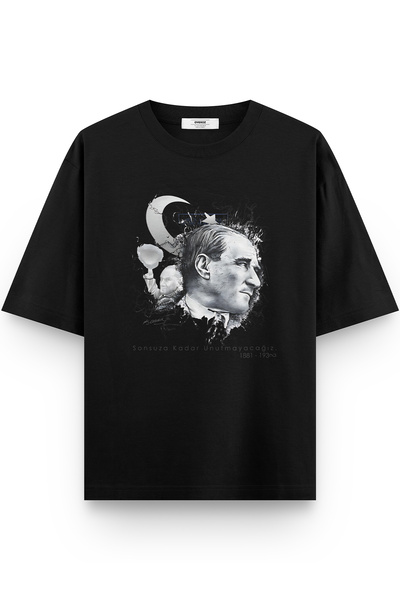 Overoz Ataturk Printed Half Oversized Black T-Shirt 1236