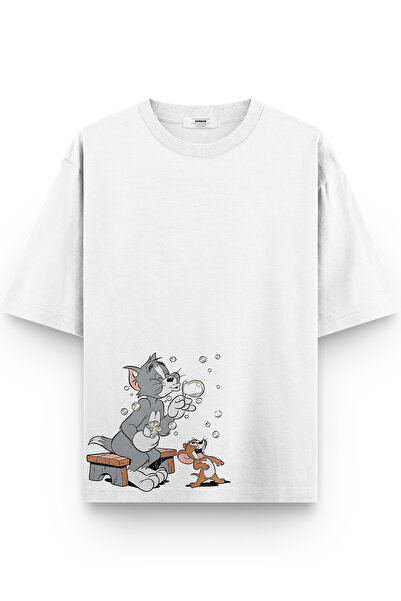 Overoz Cat Printed Half Oversized White Tshirt 1379