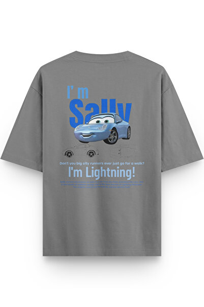 Overoz Car Back Printed Half Oversized Gray T-Shirt 1228