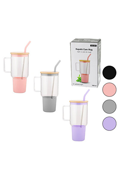 Go İthalat Bambu Kapaklı Cam Matara Pipetli Suluk 1000ml Su Şişesi Ofis Ev Sp...