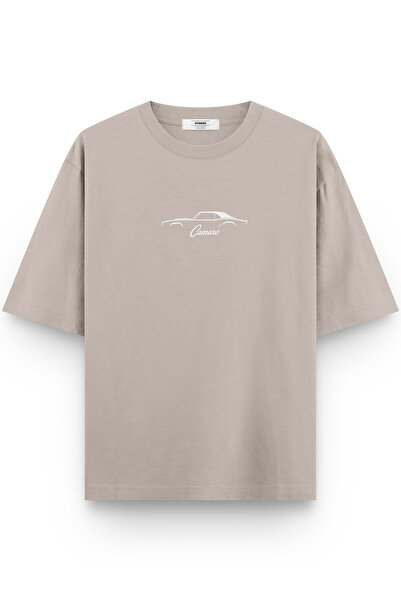 Overoz Camaro Classic Car Printed Semi Oversized Stone Color T-Shirt 1092