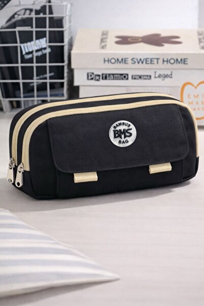 Bambus Husă pentru pixuri din material textil, cu 3 compartimente, capacitate...