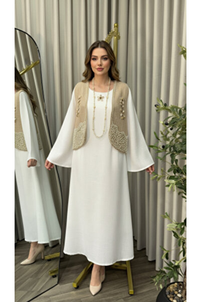 EVENTANA Linen midi dress with a vest embroidered with pearls, cowrie shells,...