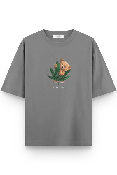 Overoz Teddy Bear Stay High Printed Half Oversized Gray T-Shirt 1069