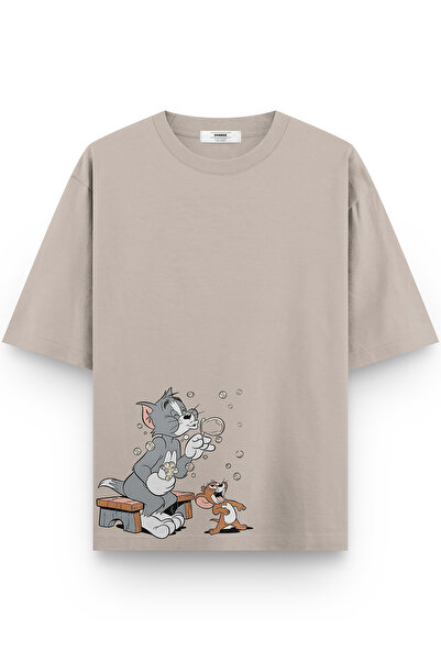 Overoz Cat Printed Half Oversized Stone Color Tshirt 1379