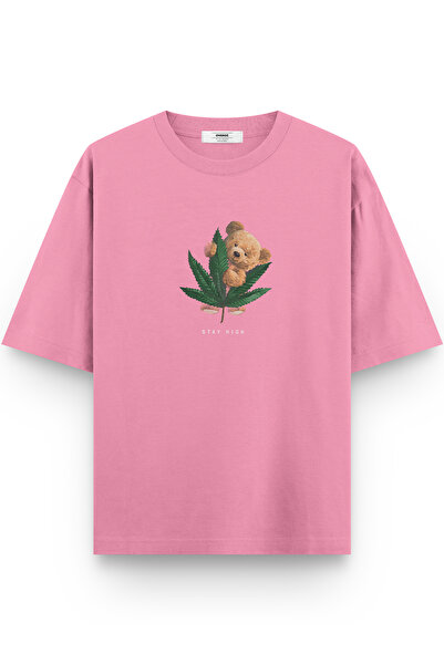 Overoz Teddy Bear Stay High Printed Half Oversized Pink T-Shirt 1069