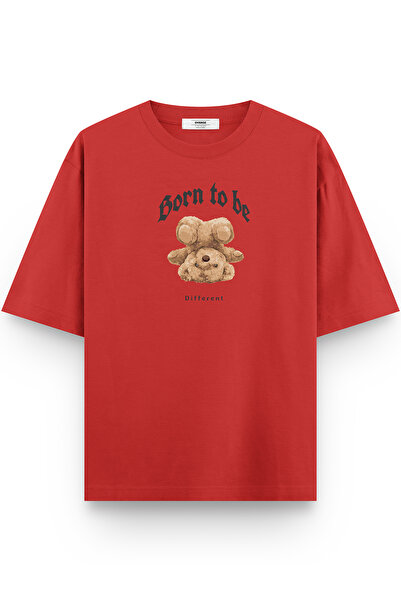 Overoz Teddy Bear Born to Be Different Printed Half Oversized Red T-Shirt 1095