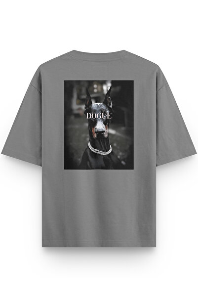 Overoz Doberman Dogue Dog Back Printed Half Oversized Gray T-Shirt 1235