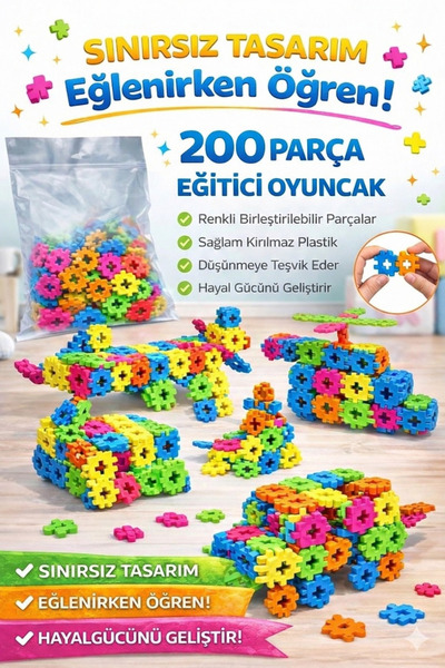 ÜÇGEN TOYS 200 Parça Eğitici Building Blocks-Renkli Zeka ve Beceri Oyunu
