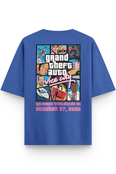 Overoz Gta Vice City Sırt Printed Yarı Oversized Blue T-Shirt 1314