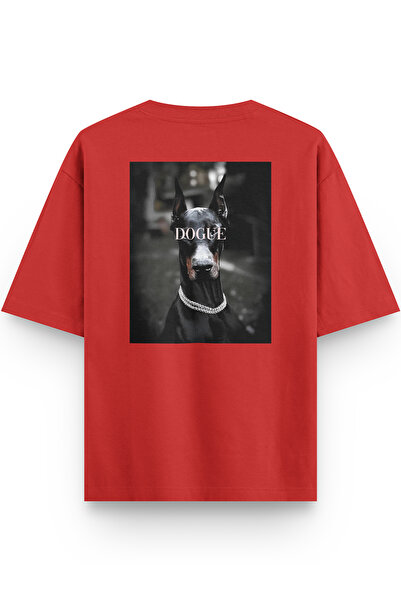 Overoz تي شيرت Doberman Dogue Doggy Back مطبوع باللون الأحمر شبه كبير الحجم 1235