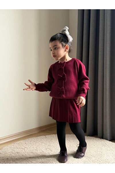 CHİCKİDSWEAR Devojčin bordo pleteni komplet - džemper sa mašnom i plisirana s...