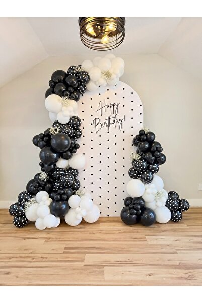 MERİ PARTİ 100 Adet Balon Ve Zinciri Siyah Beyaz Puantiyeli Doğum Günü Konsep...