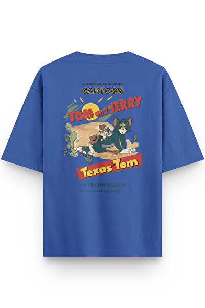 Overoz Cat Back Printed Half Oversized Blue T-Shirt 1352