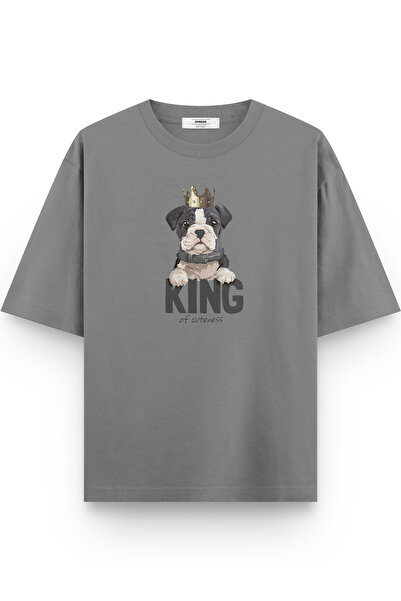 Overoz King Köpek Printed Yarı Oversized Gray T-Shirt 1033