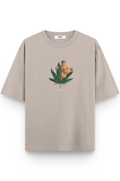 Overoz Teddy Bear Stay High Printed Half Oversized Stone Color T-Shirt 1069