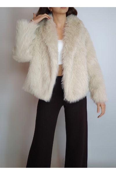 oyagüler Women's Beige Shawl Collar Synthetic Fur Jacket Coat Yy101340