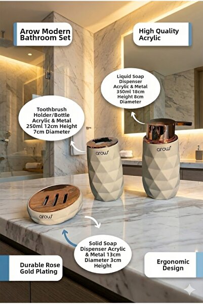 RİVO HOME DECOR Modern 3-Piece Bathroom Set – Rose Gold Acrylic Liquid Soap D...