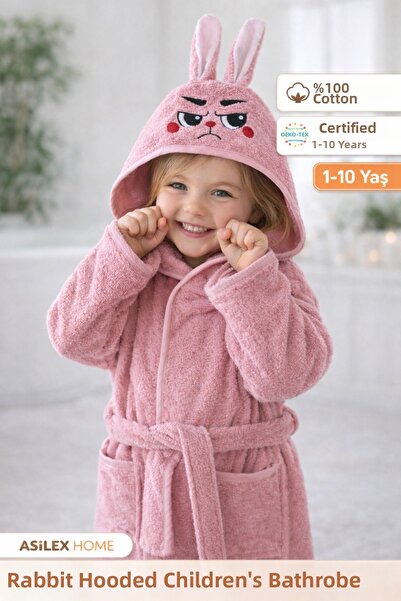 Asilex Home Collection Hooded Girl's Bathrobe 100% Cotton 1-10 Years Old Oeko...