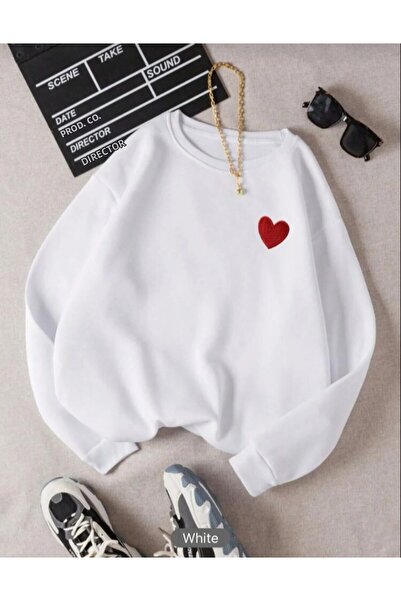 Kids Λευκό φούτερ με κόκκινη στάμπα καρδιάς και λαιμόκοψη ποδηλάτου, oversized