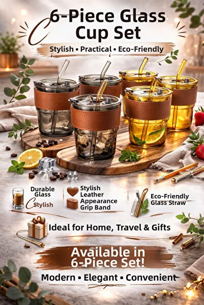 Store Leather-Covered Glass Cup with Straw 6 Pieces