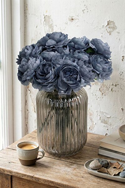 Yapay Çiçek Deposu Artificial Flower 7-Piece Tea Rose Bunch 30 cm Navy Blue