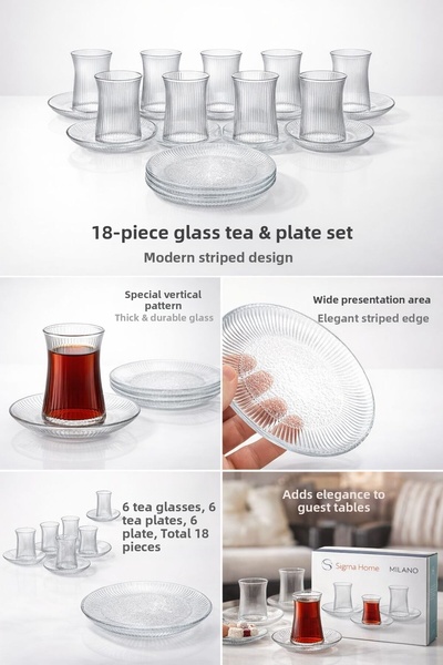 Sigma Milano 18 Piece Glass Tea and Cake Set for 6 People - Modern Striped Pr...