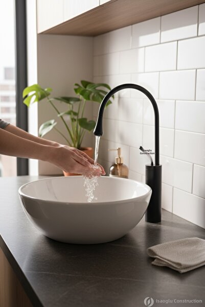 İSAOĞLU YAPI Black Basin Sink Faucet Damla Series Basin Sink Compatible Brass...