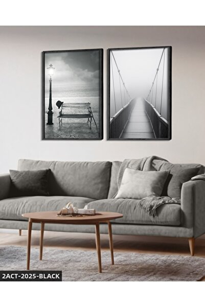 Evinemoda Черно-бял мост Банк 2-частна картина с дървена рамка ACT