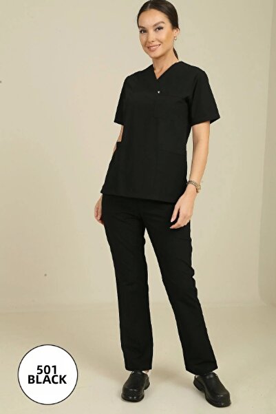 DENİZ İŞ Women's Envelope Collar Terycotton Scrubs Set - Black