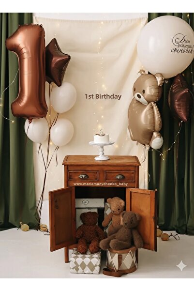 Çemrek Süs Parti Brown Number Bear Star Balloon Jumbo Balloon and Led Birthda...