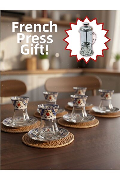 AiroBazar Topkapı Tea Set for 6 Persons, French Press Gift, 9 Different Ottom...