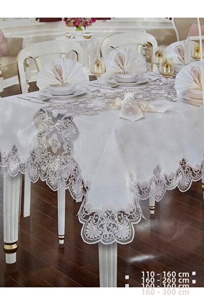 KÜBRAHOME'S Linen Ara Lace 160X220 cm Stain-Proof Tablecloth Ecru-Dark Beige