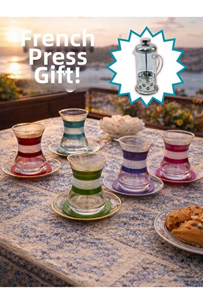 AiroBazar Topkapı Tea Set for 6 Persons, French Press Gift, 9 Different Ottom...