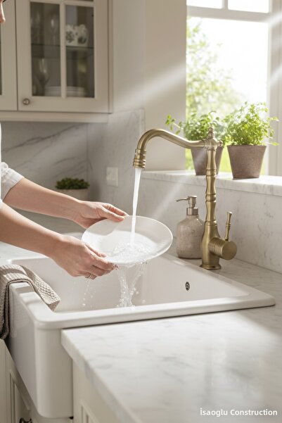 İSAOĞLU YAPI Antique Gold Retro Kitchen Sink Faucet with Movable Head, Antiqu...