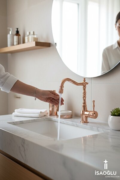 İSAOĞLU YAPI Copper Sink Faucet with Movable Head, High Model Retro Bronze Si...