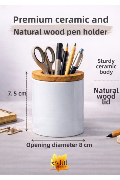 Eylül Design Cute Cat Printed Ceramic Pen Holder Makeup Brush Box with Wooden Detail Pencil Box