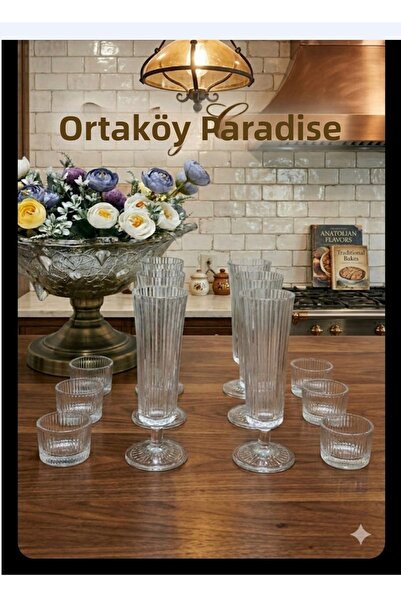 ORTAKÖY CENNETİ Handmade 12-Piece Valeria Striped Coffee Side Flute Glass Set...